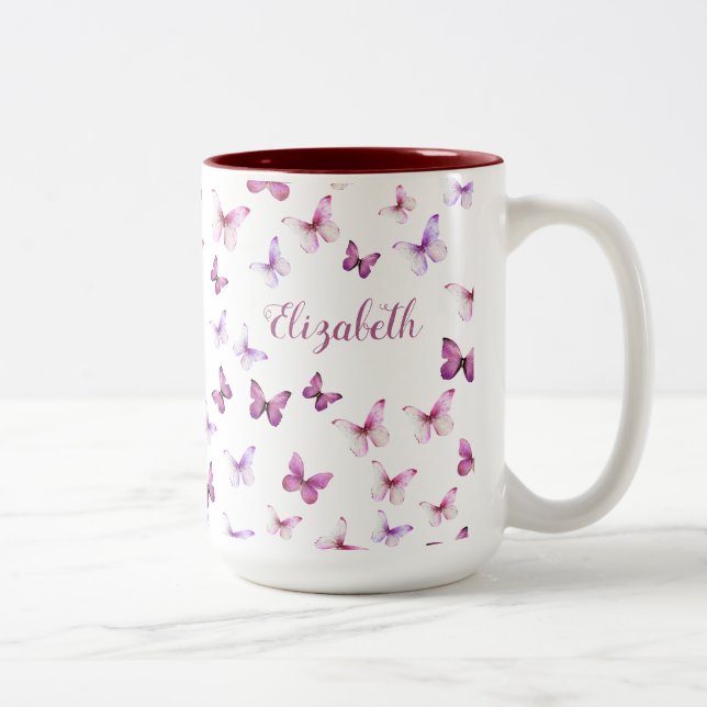 Pretty Pink Butterflies Custom Name Två-Tonad Mugg (Höger)
