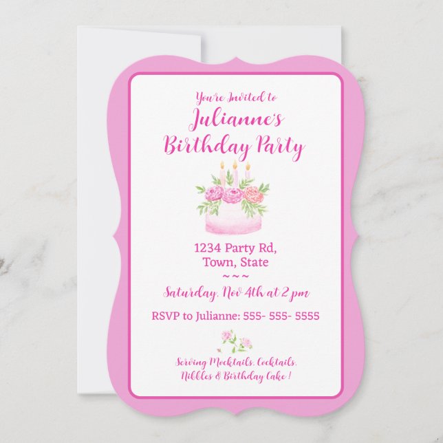 Pretty Pink Cake Birthday Party Invitation Inbjudningar (Framsida)