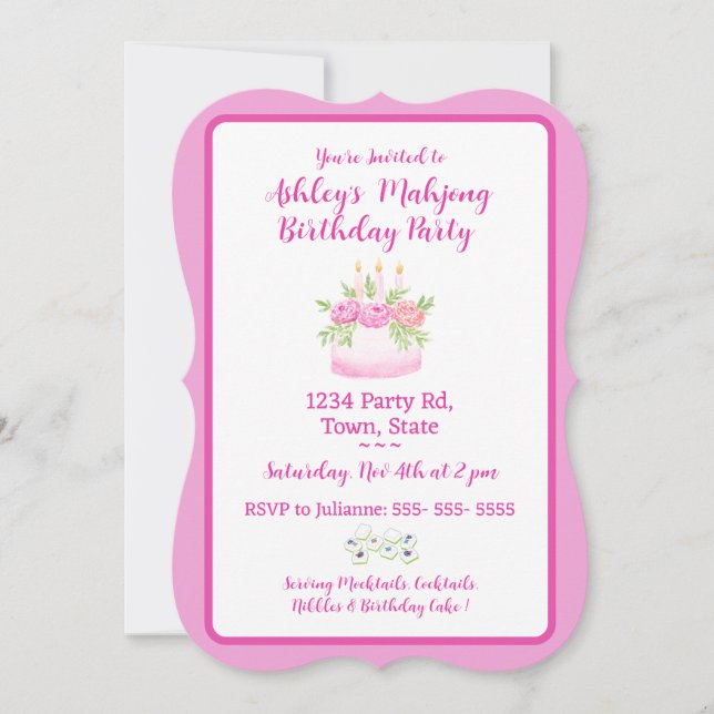 Pretty Pink Cake Mahjong Birthday Party Invitation Inbjudningar (Framsida)