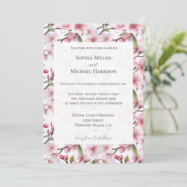 Pretty Pink Cherry Blossom Floral Wedding Inbjudningar (Stående Fram)