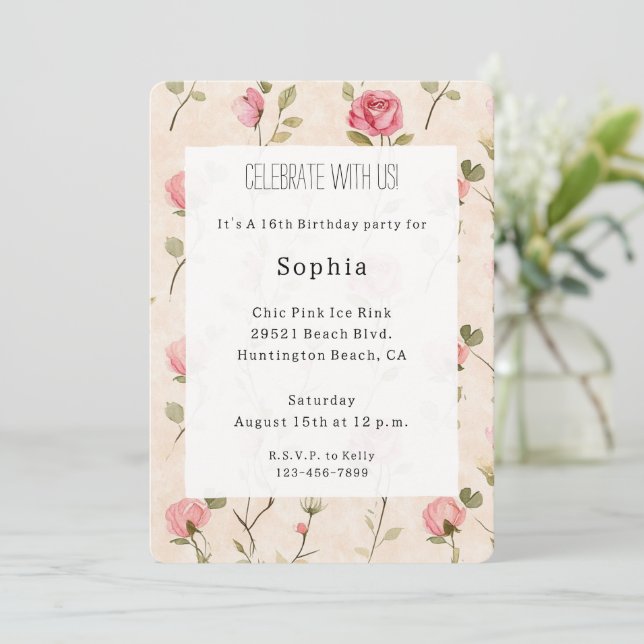 Pretty Pink Cream Roses Floral Birthday Inbjudningar (Stående Fram)