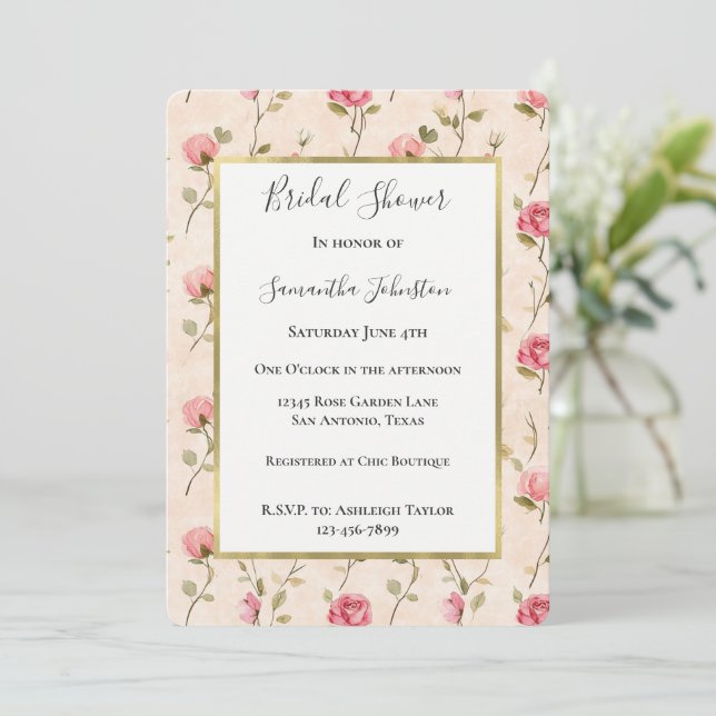 Pretty Pink Cream Roses Floral Bridal Shower Inbjudningar (Stående Fram)