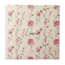 Pretty Pink Cream Roses Floral Bridal Shower Kakelplatta