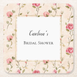 Pretty Pink Cream Roses Floral Bridal Shower Underlägg Papper Kvadrat