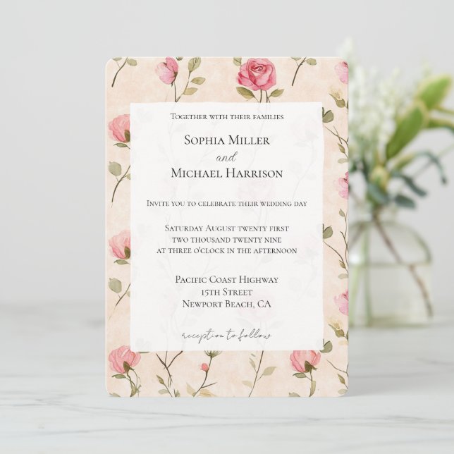 Pretty Pink Cream Roses Floral Wedding Inbjudningar (Stående Fram)