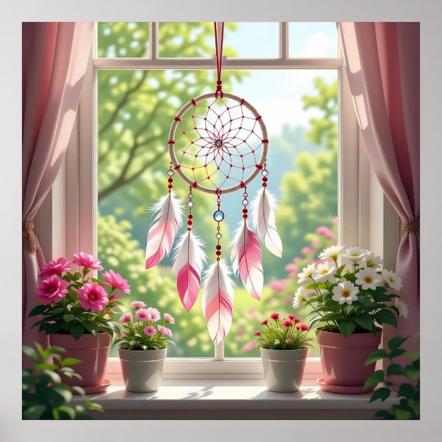 Pretty Pink Dreamcatcher and Plants Window Sill Poster (Framsidan)