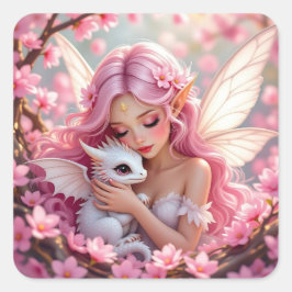 Pretty Pink Elven Fairy & Dragon Fyrkantigt Klistermärke