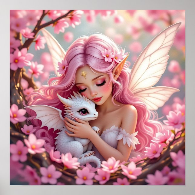 Pretty Pink Elven Fairy & Dragon  Poster (Framsidan)