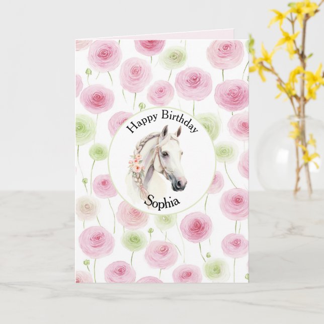 Pretty Pink Mint Ranunculus Horse Birthday Kort (Gul blomma)