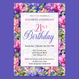 Pretty Pink Purple Garden Flowers 21st Birthday  Inbjudningar