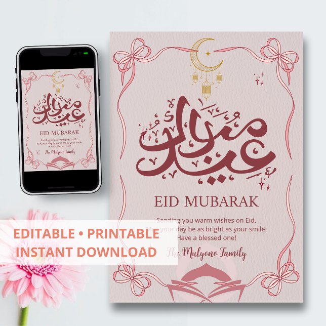 Pretty Pink Ribbon and Crescent Eid Mubarak Card Julkort (Skapare uppladdad)