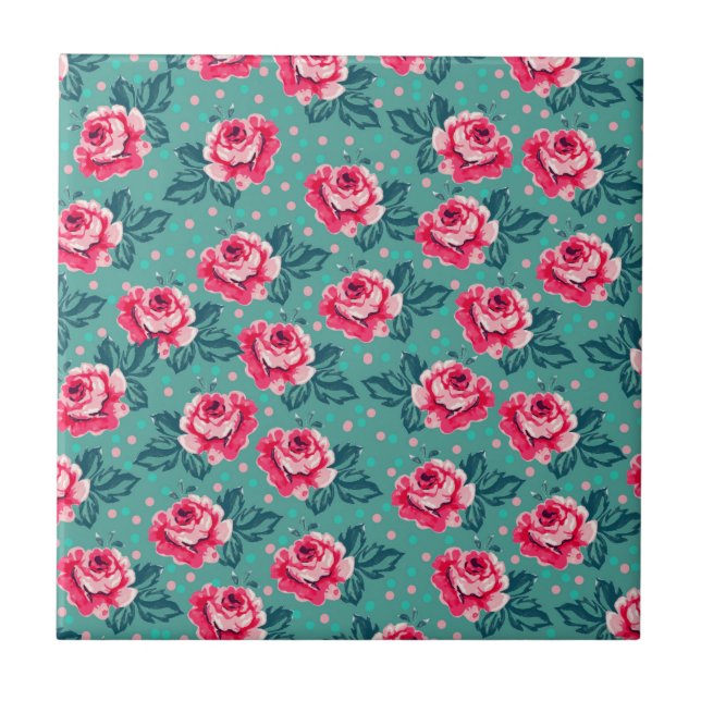 Pretty Pink Roses and Polka Dot Pattern on Teal Kakelplatta (Framsidan)