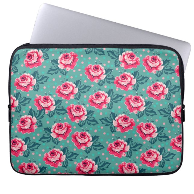 Pretty Pink Roses and Polka Dot Pattern on Teal Laptop Fodral (Framsidan)