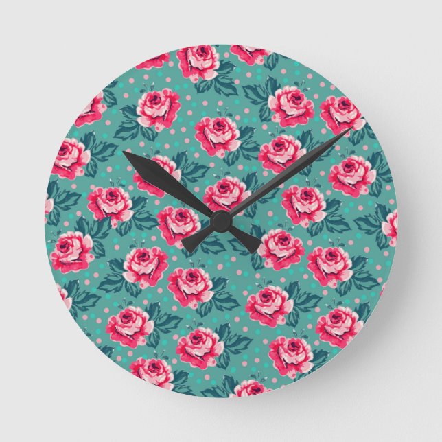 Pretty Pink Roses and Polka Dot Pattern on Teal Rund Klocka (Framsida)