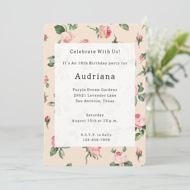 Pretty Pink Roses Floral Birthday Inbjudningar (Stående Fram)