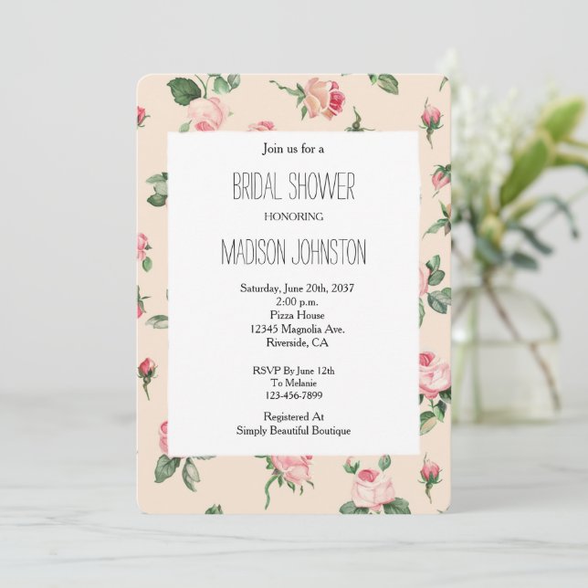 Pretty Pink Roses Floral Bridal Shower Inbjudningar (Stående Fram)