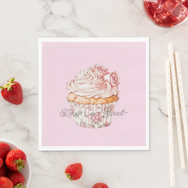 Pretty Pink Roses Floral Cupcake Bridal Shower Pappersservett (Insitu)