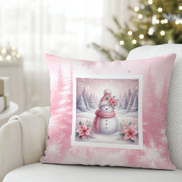 Pretty Pink Snow Scene Pillow Sweet Snowman Kudde