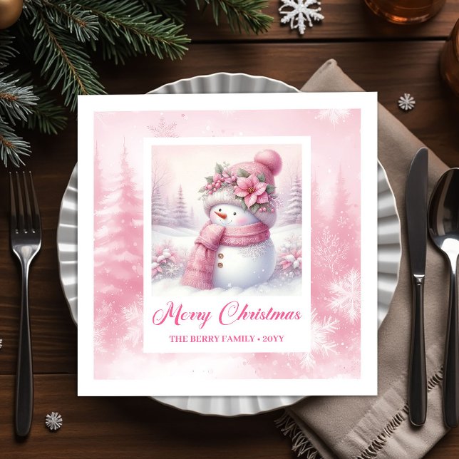 Pretty Pink Snowman Christmas Scene Napkins Kids  Pappersservett (Pretty Pink Snowman Christmas Scene Napkins Kids Holiday)