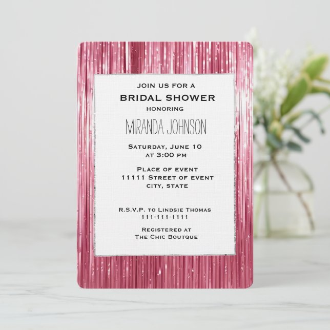 Pretty Pink Tinsel Stripes Bridal Shower Inbjudningar (Stående Fram)