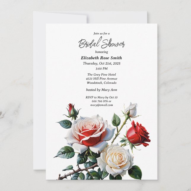Pretty pink white red roses bridal shower inbjudningar (Framsida)