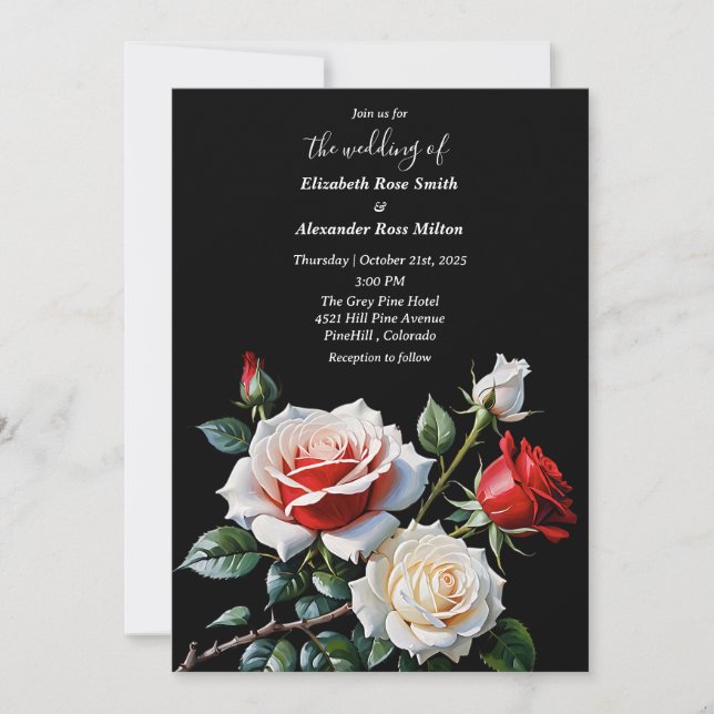 Pretty pink white red roses dark floral wedding inbjudningar (Framsida)