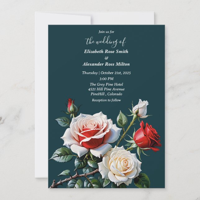 Pretty pink white red roses dark floral wedding inbjudningar (Framsida)
