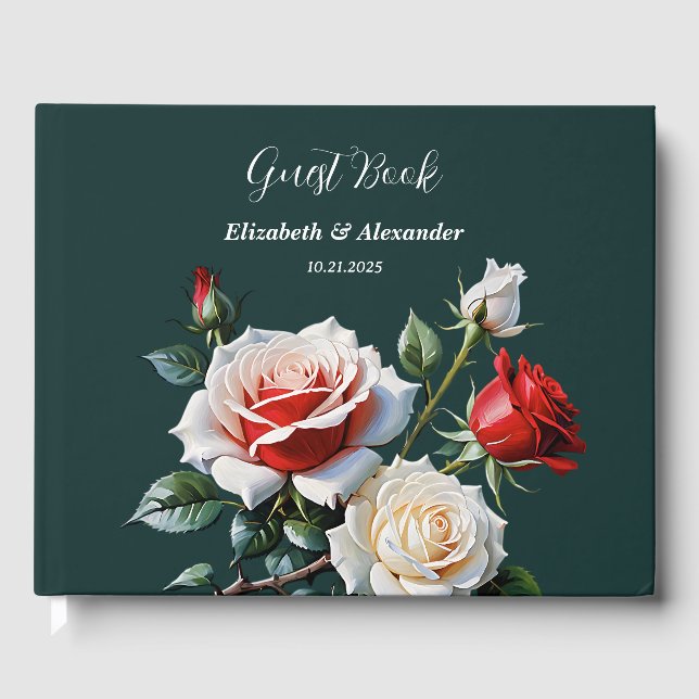 Pretty pink white red roses floral green wedding  gästböcker (Framsida)