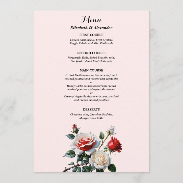 Pretty pink white red roses floral wedding  meny (Framsida)