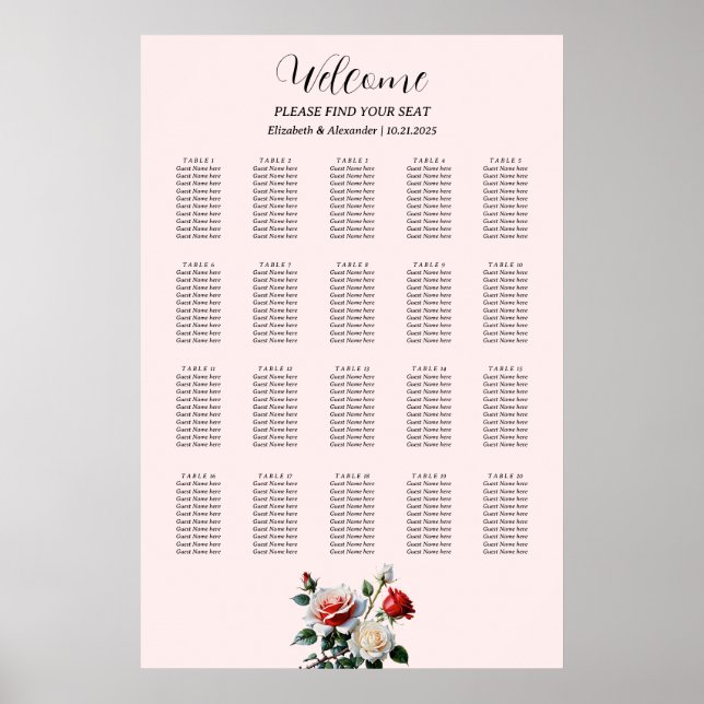 Pretty pink white red roses seating chart poster (Framsidan)
