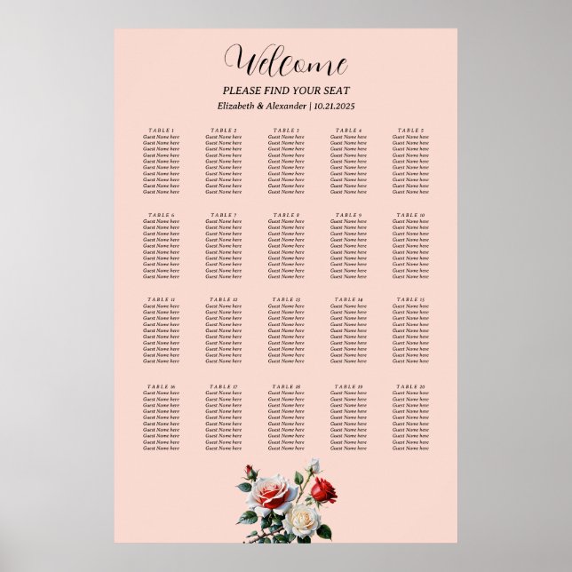 Pretty pink white red roses seating chart poster (Framsidan)