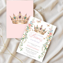 Pretty Princess Gold Crown Pink Floral Baby Shower Inbjudningar