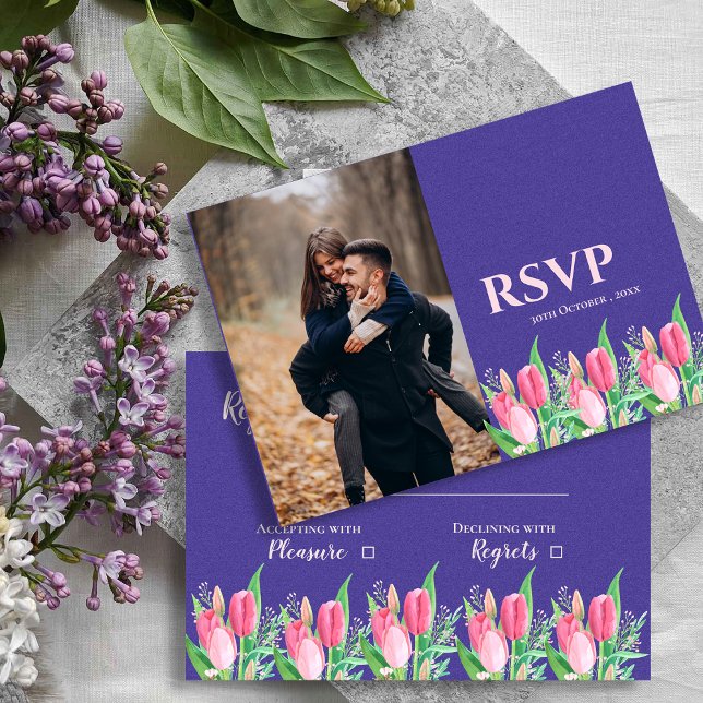  Pretty Purple & Blush Tulip Floral Photo Wedding OSA Kort (Pretty Purple & Blush Tulip Floral Photo Wedding RSVP Card)