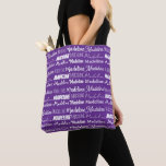 Pretty Purple Customizable Name Collage Tygkasse<br><div class="desc">This pretty personalized purple tote bag is customized with your name in 9 different beautiful fonts. A cute personalized present in violet.</div>