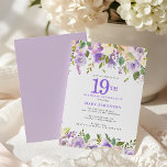 Pretty Purple Floral 19th Birthday Party Inbjudningar<br><div class="desc">Honor a special woman with this elegant and feminine 19th Birthday party invitation. 19th is written in large purple text. Birthday celebration follows. The honored guest's name is also in purple capital letters. The birthday celebration details are surrounded top and bottom purple floral borders. The floral elements are nestled in...</div>