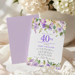 Pretty Purple Floral 40th Birthday Party Inbjudningar<br><div class="desc">Honor a special woman with this elegant and feminine 40th Birthday party invitation. 40th is written in large purple text. Birthday celebration follows. The honored guest's name is also in purple capital letters. The birthday celebration details are surrounded top and bottom purple floral borders. The floral elements are nestled in...</div>