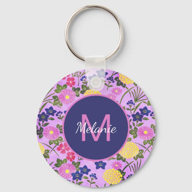 Pretty Purple Vintage Flower Pattern Personalised Nyckelring (Framsida)