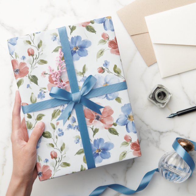 Pretty Red Blue Flowers Birthday Presentpapper (Gifting)