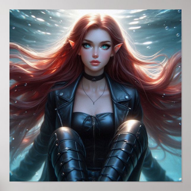 Pretty Red-Haired Elf Girl with Piercing Blue Eyes Poster (Framsidan)