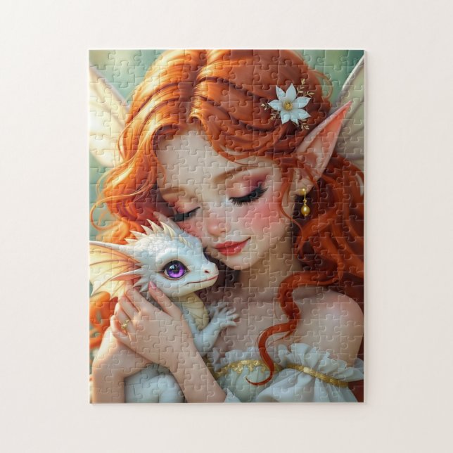 Pretty Red Haired Fairy with Dragon Pussel (Vertikal)