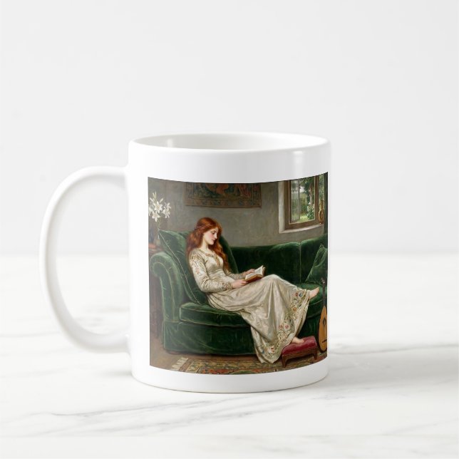 Pretty Red Haired Maiden Reading Book Lover Art Kaffemugg (Vänster)