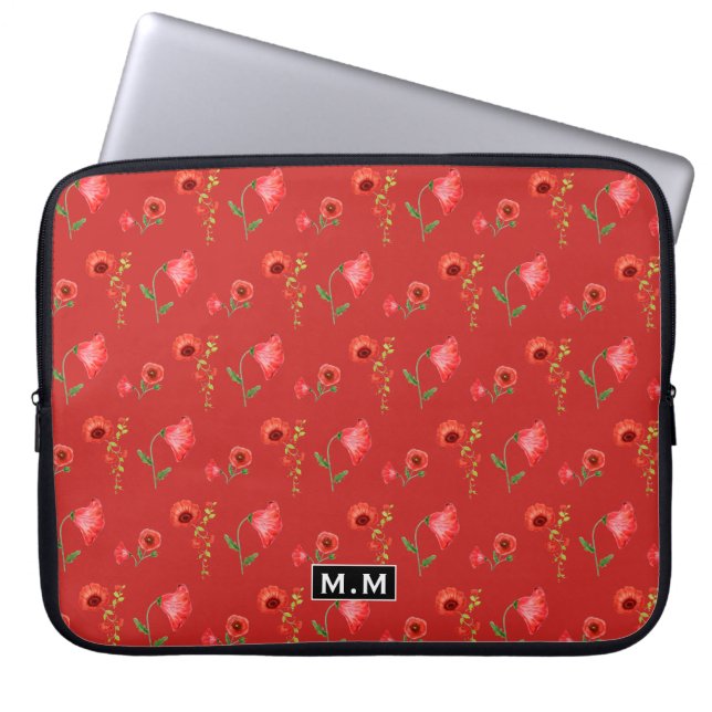 Pretty Red Poppies Pattern Monogram Laptop Fodral (Framsidan)