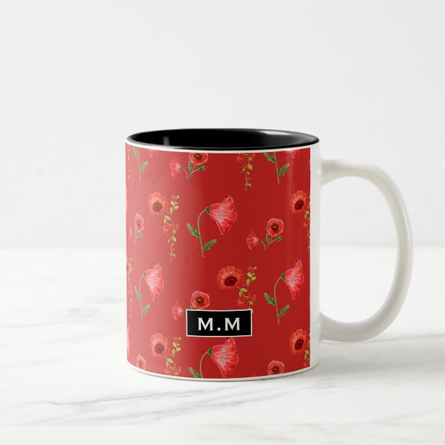 Pretty Red Poppies Pattern Monogram Två-Tonad Mugg (Höger)