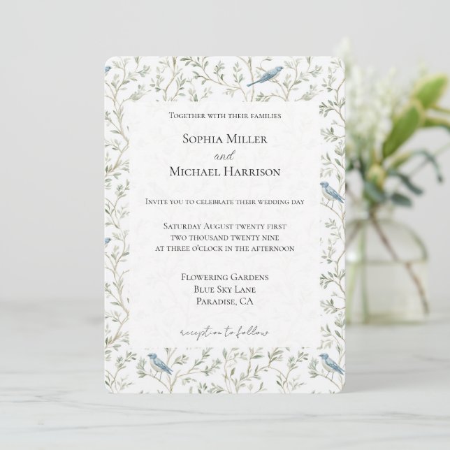 Pretty Romantic Blue Birds Dream Wedding Inbjudningar (Stående Fram)