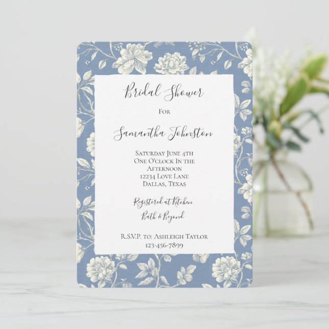 Pretty Romantic Blue Cream Flowers Bridal Shower Inbjudningar (Stående Fram)