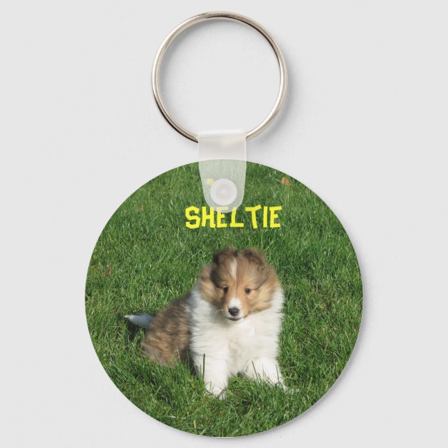 Pretty sheltie puppy sitting in grass keychain nyckelring (Framsida)