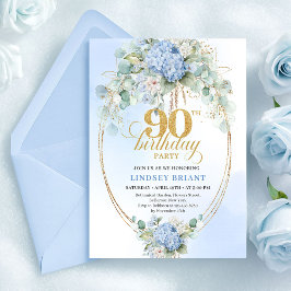 Pretty Soft Blue Hydrangea Gold 90th Birthday Card Inbjudningar