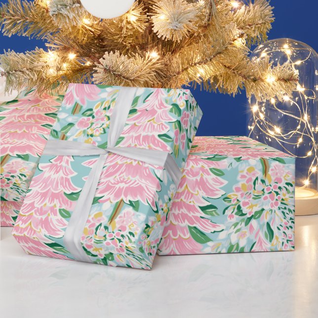 Pretty Soft Pastel Pink & Teal Pine Trees Holiday  Presentpapper (Helgdagar)