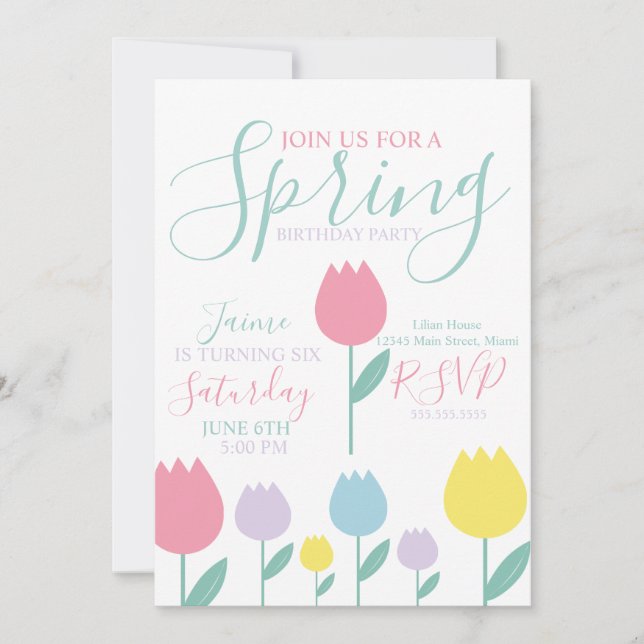 Pretty Spring Tulips Pastel Floral Birthday Party Inbjudningar (Framsida)