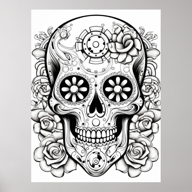 Pretty Sugar Skull Image Black + White Art on Wall Poster (Framsidan)
